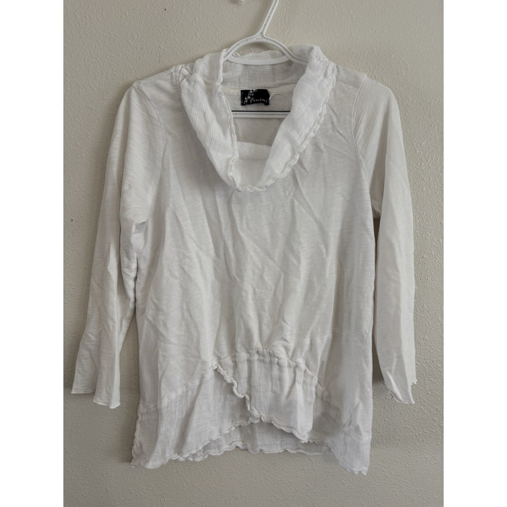 Fenini Women's Small White Ruffle Cowl Neck Asymmetrical Tunic Top Lagenlook